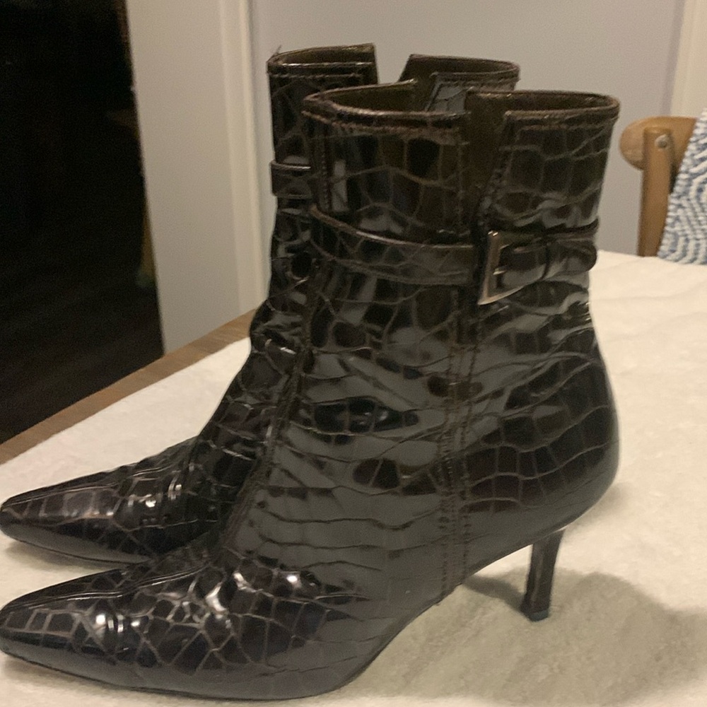 Stuart Weitzman Black Croc-Embossed Leather Pointed Toe Ankle Boots